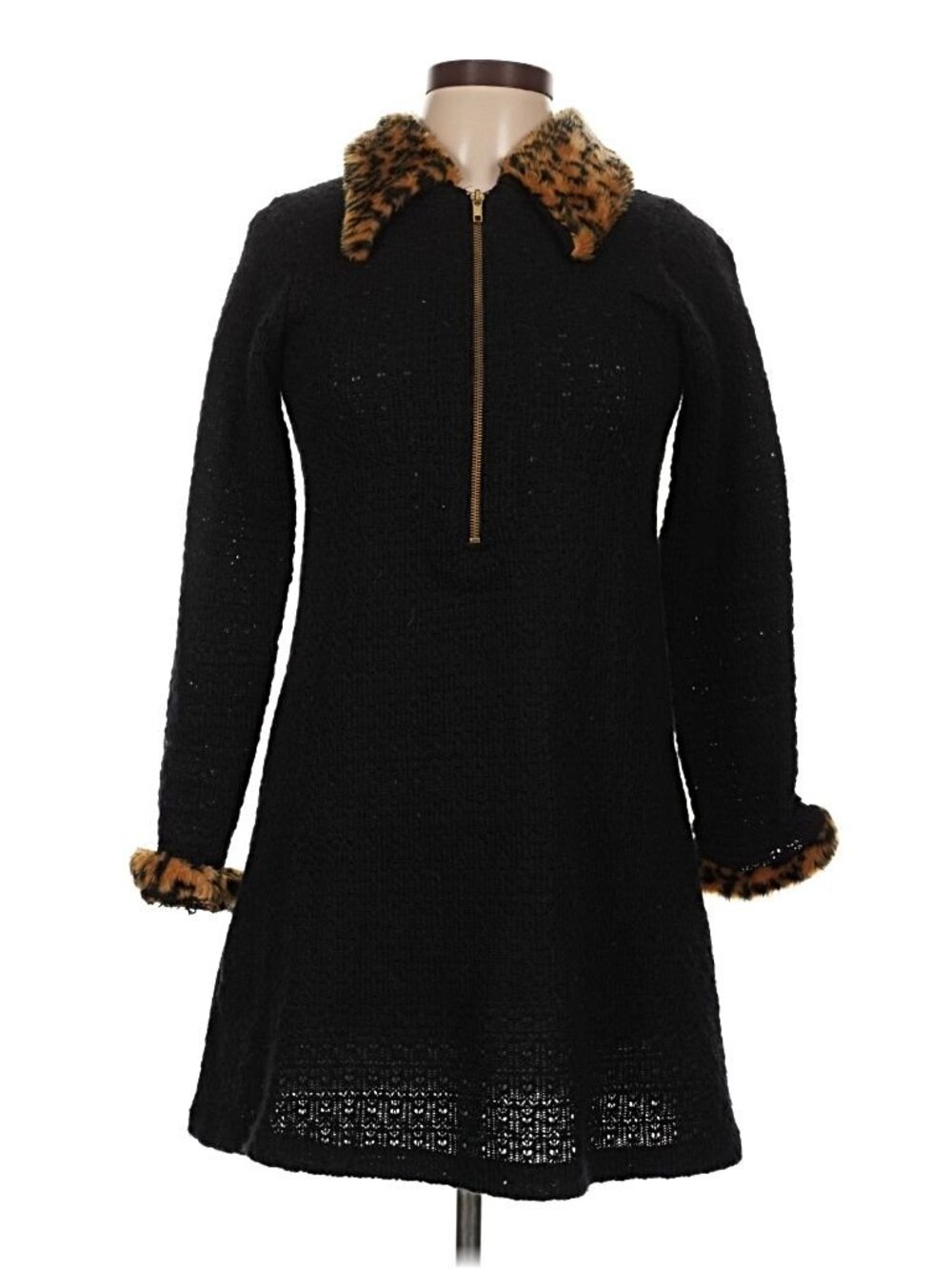 Black Label Sweater Dress Leopard Faux Fur Trim 1990s WHIMSIGOTH VINTAGE RARE